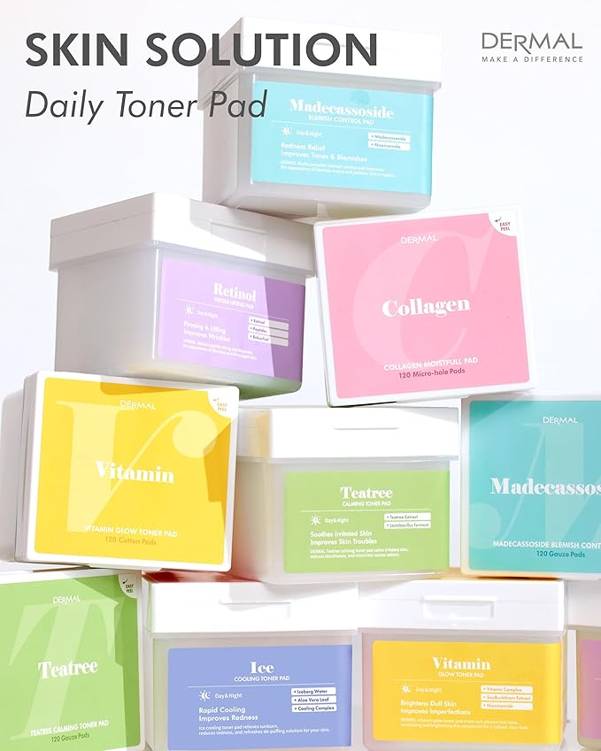 DERMAL Collagen Moistfull Lifting Toner Pad 120 Count Bulk, Korean Anti Aging Firming Pad with 10 Collagen Types and 3 Peptides, 300 Dalton Low Molecular, Large Vegan Tencel Square Pad with Tongs