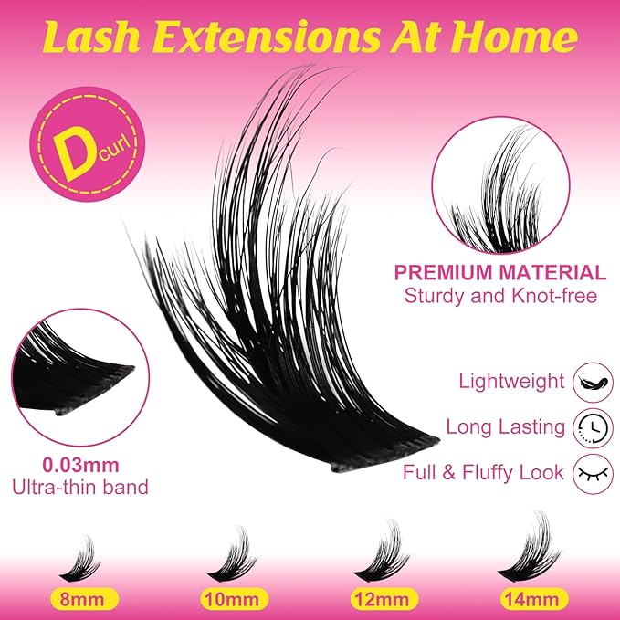 Manga Lash Clusters Kit 8-14mm Wispy Eyelash Clusters DIY Lash Extension Kit Waterproof Anime Lashes Spikes Thin Band 0.3mm Individual Cluster Eyelash Extensions, California Sunset Short-Kit