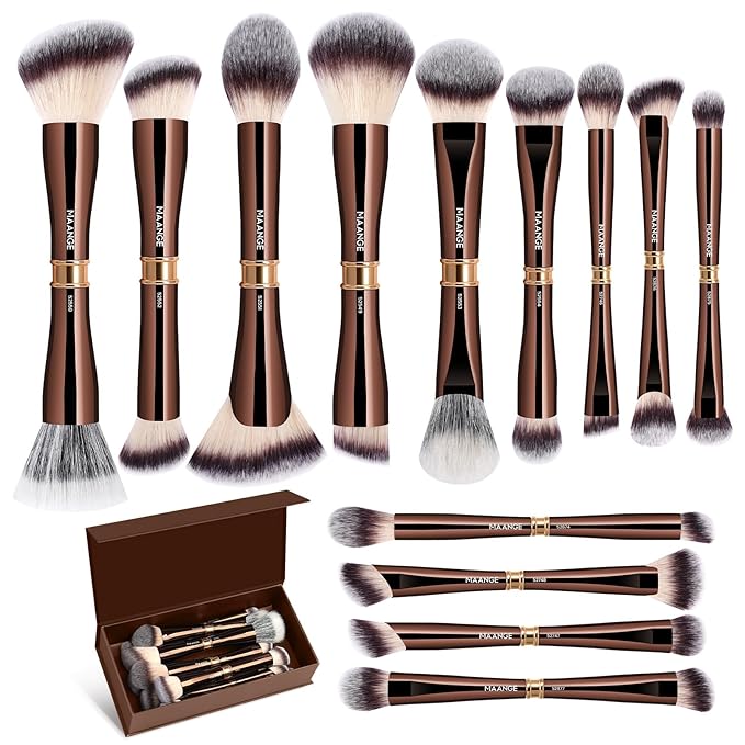 MAANGE Makeup Brush Set with Case Double-ended Make up Brushes for Foundation Contour Liquid Powder Concealer Eye Shadows Cream Blush Makeup Tools (Coffee Brown, 13 PCS)