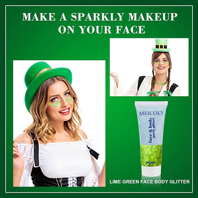 MEICOLY Lime Green Face Body Glitter for,St Patricks Day Accessories, Holographic St Paddys Face Glitter Self-Adhesive, Light Green Body Glitter,Chunky Glitter Face Paint for Party Festival Halloween
