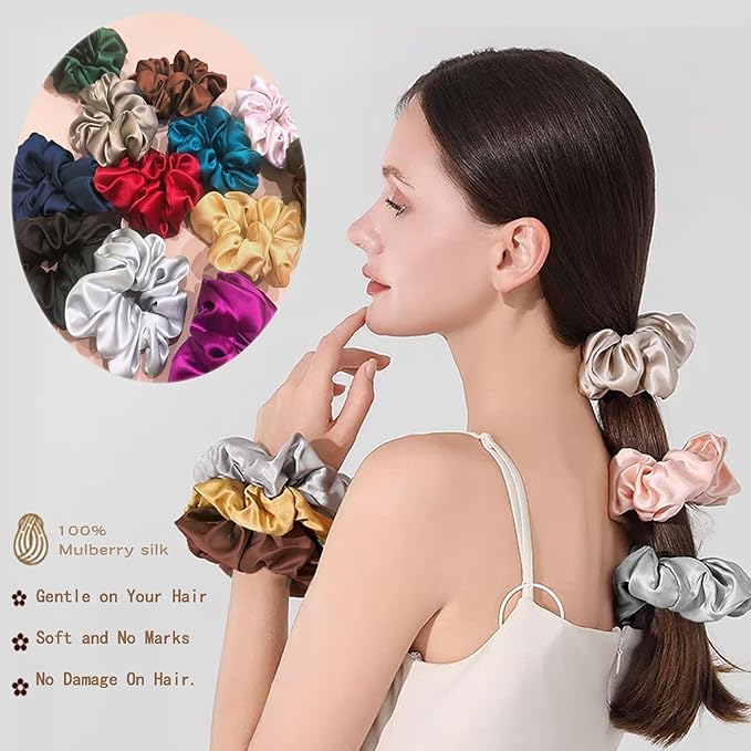 100% Pure Mulberry Silk Hair Ties, 4 Pack - Black, Champagne & Grey, 16 Momme Silk Scrunchies for Women, Girls & All Hair Types
