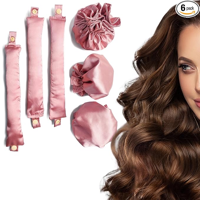 3Sets/6PCS Ariuvor New Satin Heatless Hair Curler,Hair Rollers for Heatless Curls with Hair Caps,Soft Heatless Curling Rod Headband for Long Hair,No Heat Curling to Sleep in Overnight (pink)