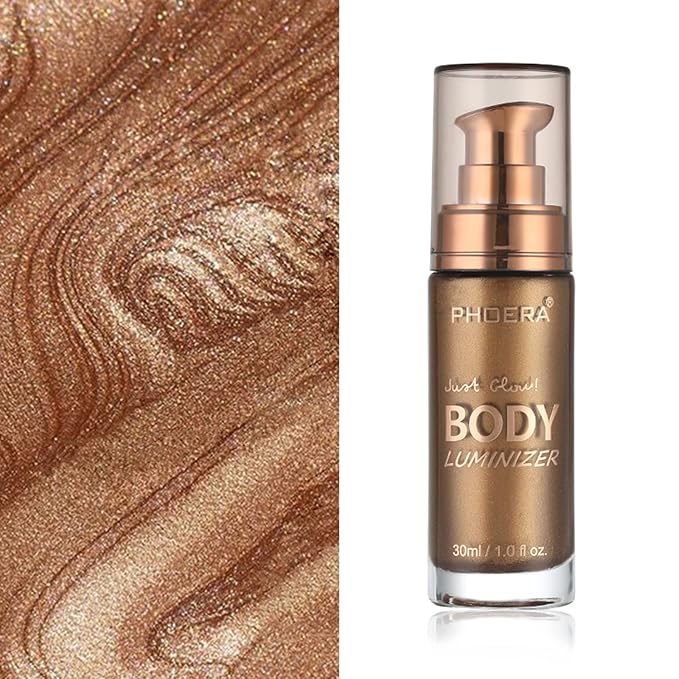 Body Shimmer Oil, Glistening Bronze Natural Glow Luminizer, Long Lasting Moisturizing Liquid Illuminator Highlighter Makeup for a Sun-Kissed Glow, Brush Include, 1oz, Medium