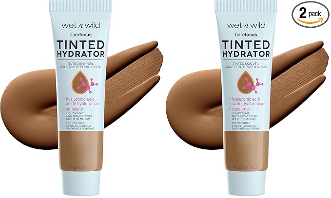 wet n wild Bare Focus Tinted Hydrator Matte Finish, Deep | Oil-Free | Moisturizing Makeup | Hyaluronic Acid | Sheer To Medium Coverage (Pack of 2)