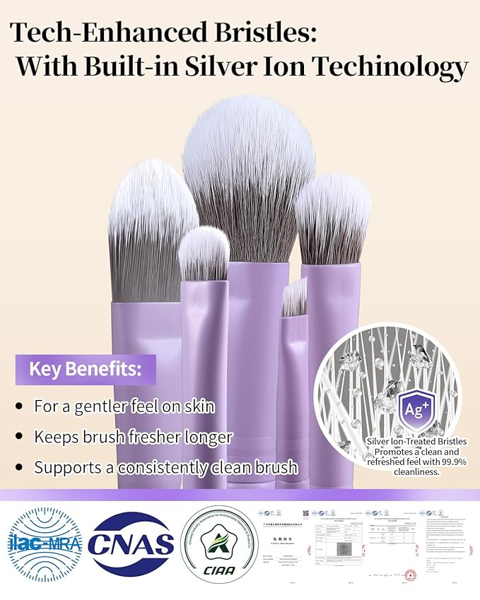 EIGSHOW Makeup Brush Set 5Pcs Basic Makeup Brushes for Powder Foundation Eyeshadow Eyeliner, Synthetic Silver Ion Bristles, Travel-Friendly, Vegan & Cruelty-Free (Matte Purple)