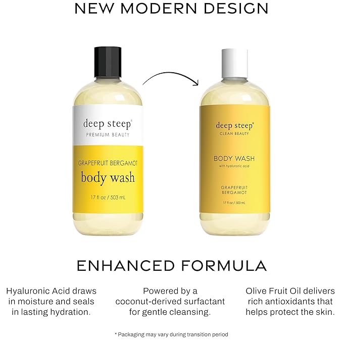 Deep Steep Grapefruit Bergamot Body Wash, Hydrating Shower Gel with Hyaluronic Acid & Shea Butter for Sensitive Skin, Bodywash for Women & Men, 17 Fl Oz, 1-Pack