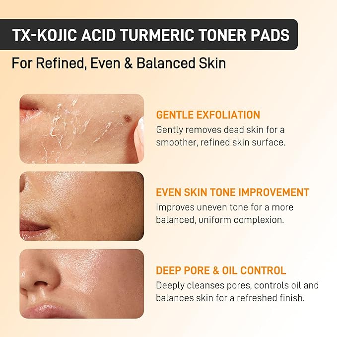 Turmeric Kojic Acid Toner Pads, With Tranexamic Acid, Exfoliating & Cleansing Face Pads, Dark Spot Care, Skin Oil Balancing, For All Skin Types, 70 Pcs For Face & Body