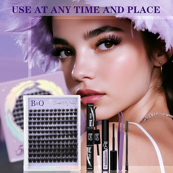 B&Q Lash Clusters Kit Wispy Fluffy - Feath5D 03 Eyelash Clusters Kit with Glue & Tools, Feathered Lightweight Lash Kit, 8-18mm C Curl Waterproof False Lashes