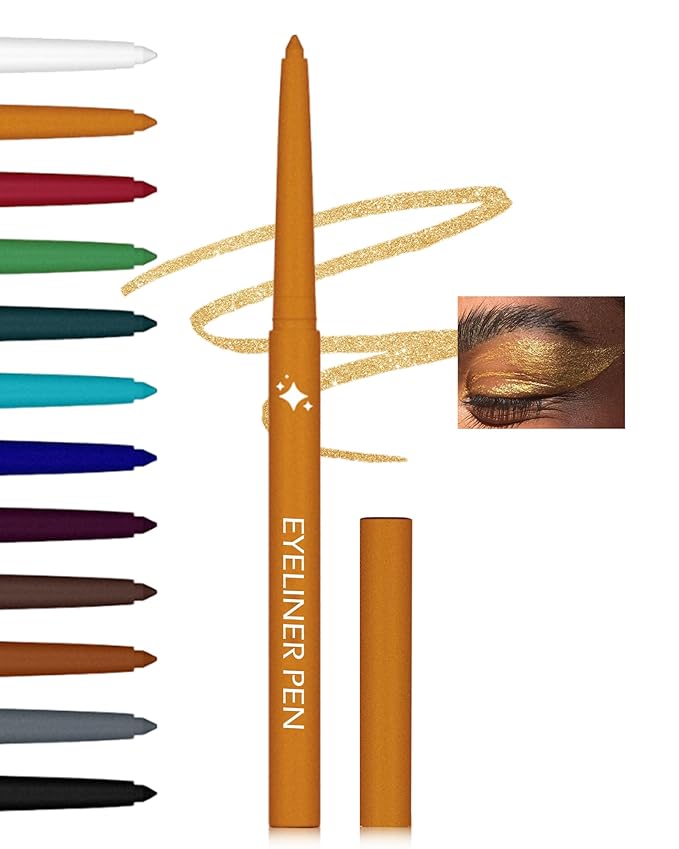 Glitter Golden Eyeliner Pencil, Glitter Gel Eyeliner Pencils, Waterproof Smudge Proof Long-Lasting Metallic Waterline Eye Liner, Precision Retractable Shine Pen for Mature Women Girls Eye Makeup- #02