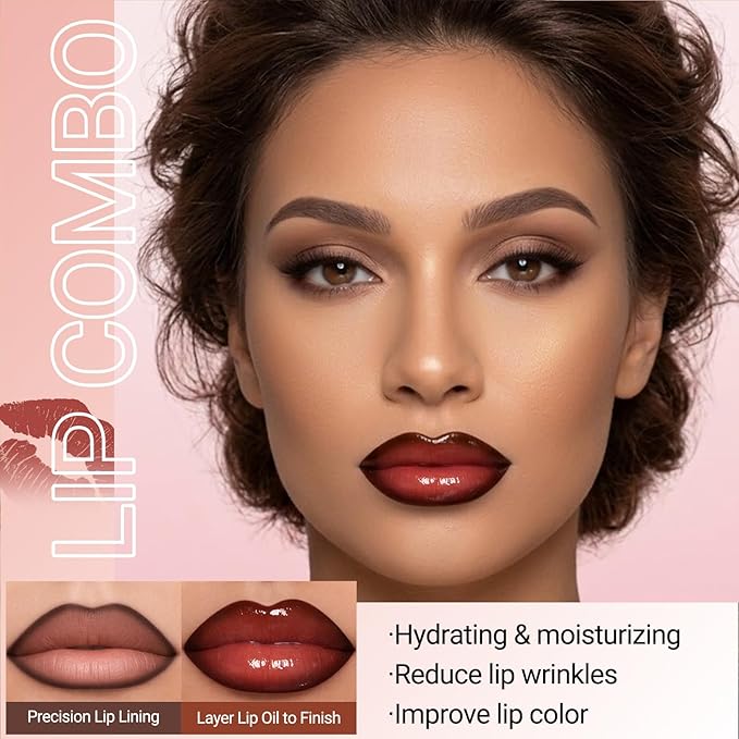 Erinde Lip Combo Set, Brown Lip Liner and Gloss Set, Nude Ombre Makeup, Lip Kit With Lip Liner and Gloss, High Shine Hydrating Lip Oil Non Sticky Finish, Waterproof Lipstick Pencil With Sharpener