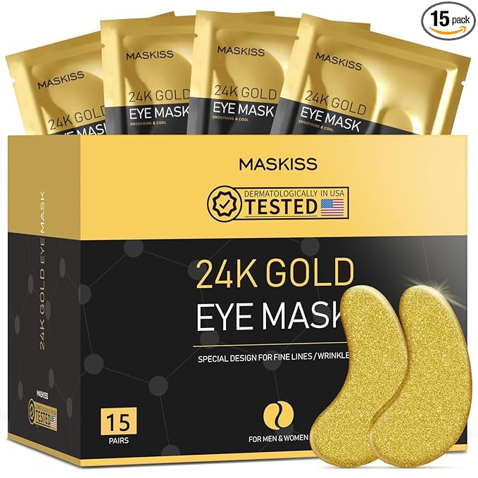 Maskiss 24k Gold Under Eye Patches (15 Pairs), eye mask, Collagen Skin Care Products, Eye Patches for Puffy Eyes, eye masks for dark circles and puffiness