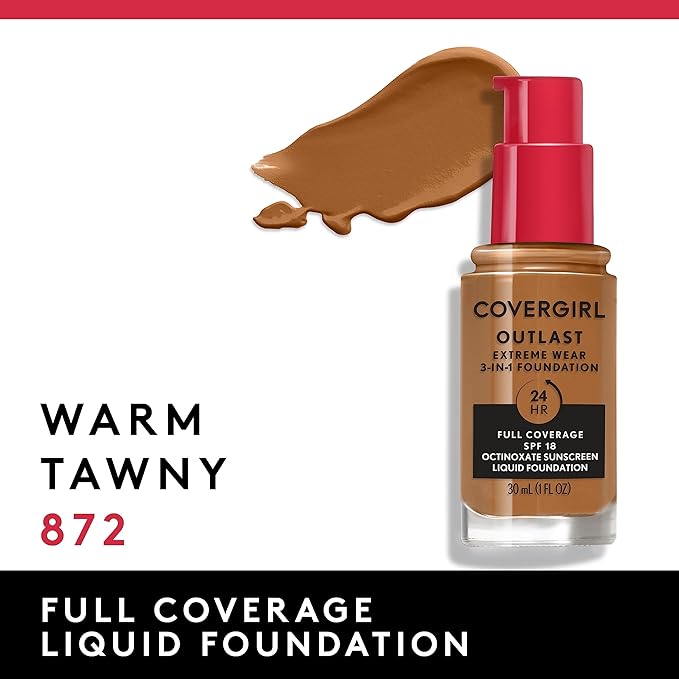 Covergirl Outlast Extreme Wear 3-in-1 Full Coverage Liquid Foundation, SPF 18 Sunscreen, Warm Tawny, 1 Fl. Oz.