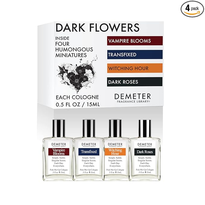 DEMETER Fragrance's Dark Flowers Humongous Miniature Set of 4 - Witching Hour - Dark Roses - Vampire Blooms - Transfixed - Perfume Sampler Set for Women