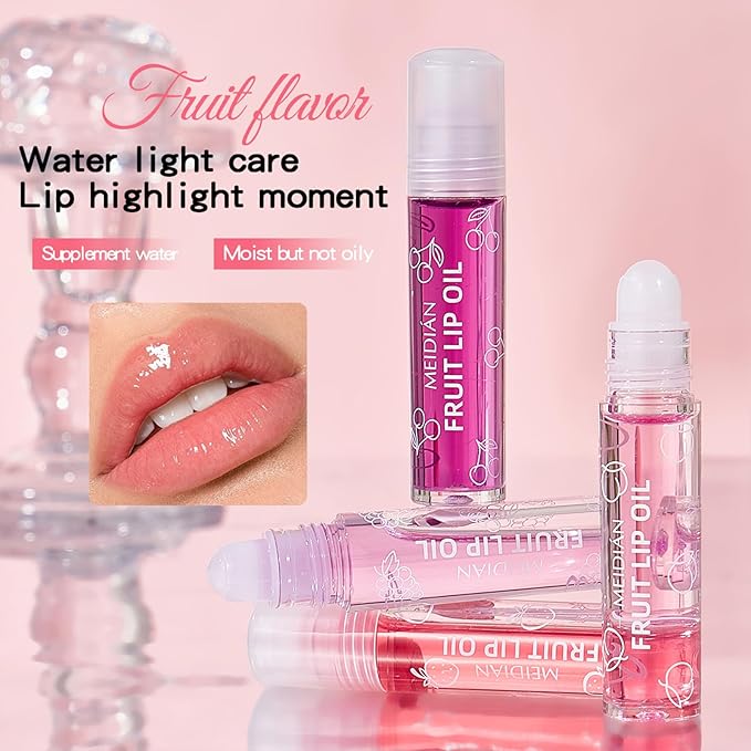 ADMD 4-Pack Lip Gloss Set Fruit Flavored Rollerball Lip Oil Set - Hydrating, Nourishing & Plumping - Strawberry, Peach, Grape, Cherry