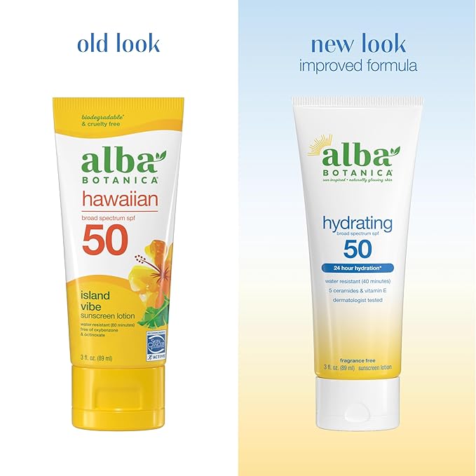 Alba Botanica Hydrating Sunscreen Lotion, SPF 50 Broad Spectrum Protection, 24 Hour Hydration, Water Resistant (40 minutes), Fragrance Free, Oxybenzone-Free, 3 Fl. Oz