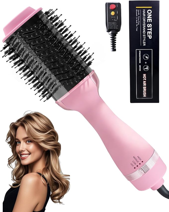 4-in-1 Hair Dryer Brush, Ionic Ceramic Titanium Hot Air Styler with ALCI Safety Plug, 3 Heat Settings for Frizz-Free Blowouts, Salon Volumizer and Straightener (Pink)