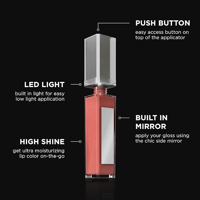 Pure Illumination Light-Up Lip Gloss with LED-Lit Applicator Brush + Side Mirror, Non-Sticky, Moisturizing Hydrating Lip Glosses with Lanolin, Jojoba Oil, & Vitamin E, Classy