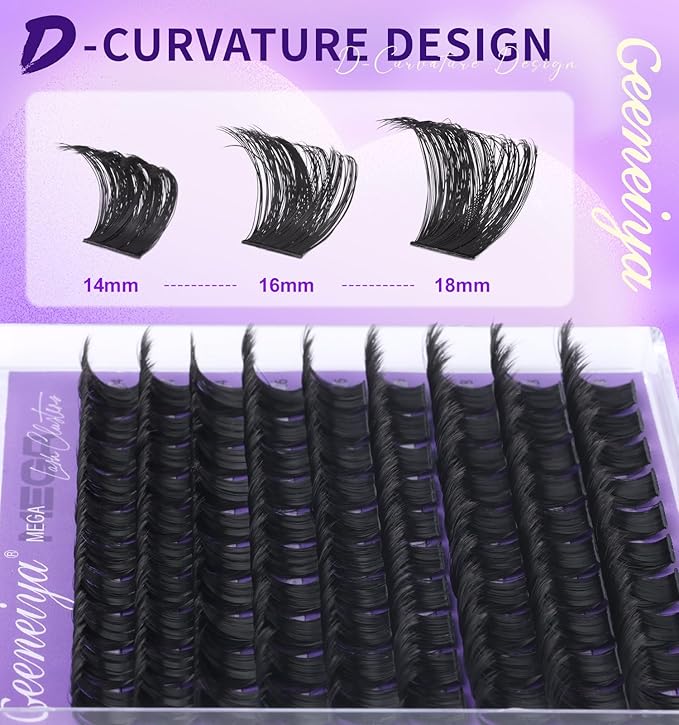 Geeneiya 200D Mega Lash Clusters Volume Eyelash Clusters D Curvature Cluster Eyelash Extensions, 14-16-18MM Mega Lashes