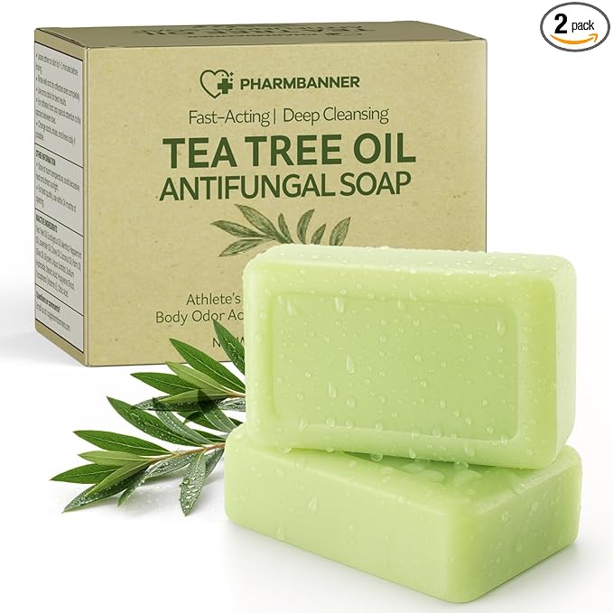 PHARMBANNER Tea Tree Antifungal Soap Bar: Body Wash for Face & Body Acne, Folliculitis, Jock Itch, Ringworm, Athlete’s Foot, Body Odor, Eczema – 2×4.1 oz