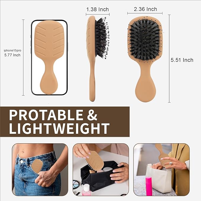 Mini Boar Bristles Hair Bursh, Travel Size Hair Brush for Women Men Kids, Protable Small Hair Brush for Pockets Purses, Mini Detangler Brush for Smooth Add Shine(Mocha)