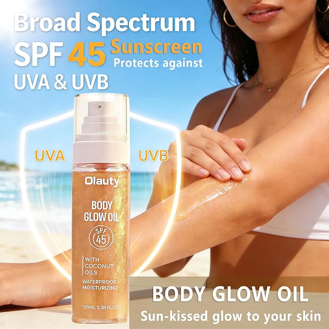 Xiuxixu Sunscreen Body Glow Oil,Broad Spectrum SPF 45,Glitter Shimmer Oil with Sequin Mica,Lightweight Non Sticky Sunscreen with Zinc Oxide Sun-kissed Skin Moisturizer,Beach Essentials (#03 Amber)