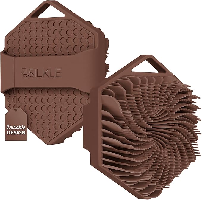 SILKLE Silicone Body Scrubber – Gentle Exfoliating Shower Scrubber for Body & Bath, Silicone Shower Brush & Loofah Alternative – Non-Slip Silicone Body Brush, Quick Dry, Hygienic - Brown