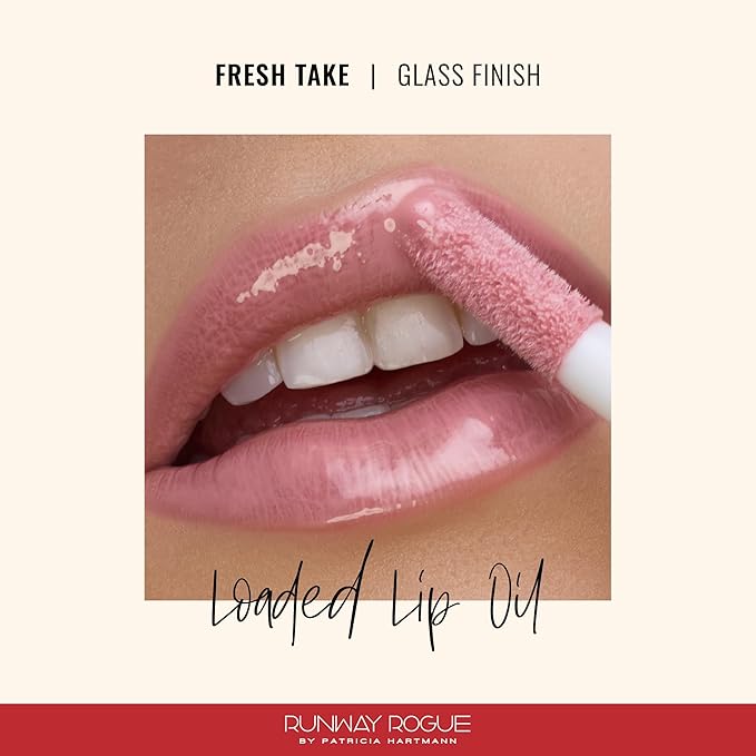 Runway Rogue Loaded Lip Oil, Hydrating and Plumping Glass-Shine Lip Oil with Tri-Peptide Formula, Cool Blush Pink Shine, ‘Fresh Take’