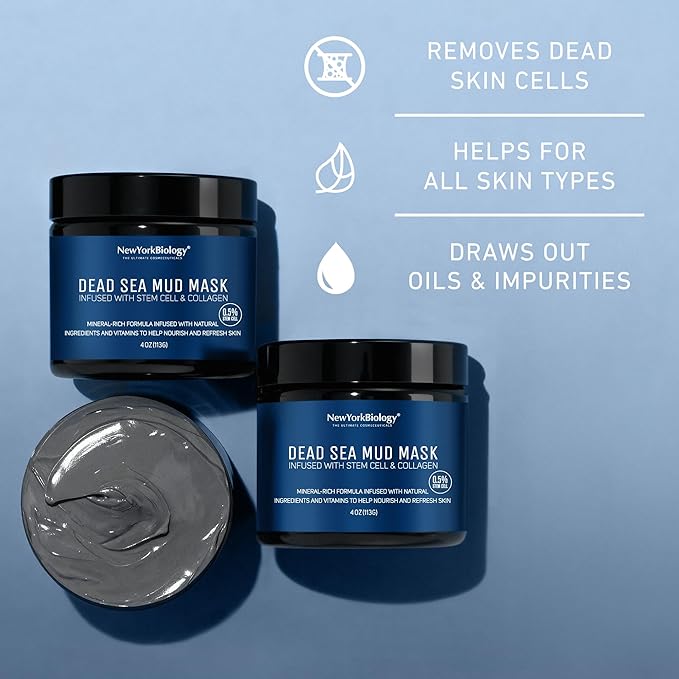New York Biology Dead Sea Mud Mask for Face & Body | with Stem Cell and Collagen | Face Mask, Brush Applicator, Towel | Spa Quality Pore Refiner for Oily Skin | Natural Skincare for Women & Men | 4 oz