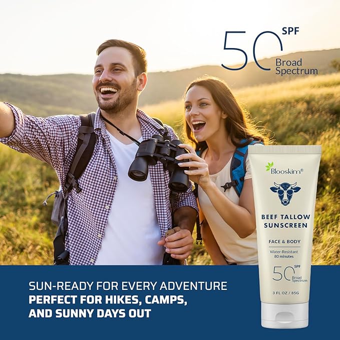 Blooskim Beef Tallow Sunscreen SPF 50: Natural Tallow & Zinc Oxide Sunblock Cream for Face & Body - Sun Protection with Non Greasy Formula for Women and Men - Water-Resistant 3 oz