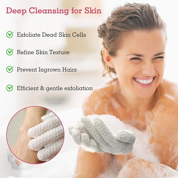 Evridwear Exfoliating Gloves for Shower, 100% Nylon Thick Soft Medium Heavy Bathing Gloves Dead Skin Remover Body Scrubber Smooth Skin with Hang Loop (White Gentle Exfoliation- 3 Pairs)