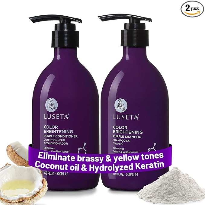 Luseta Purple Shampoo and Conditioner Set for Blonde, Gray - Color Treated Hair - Sulfate Free Paraben Free - Infused with Cocos Nucifera Oil for Curly and Damaged Hair - 2x16.9oz