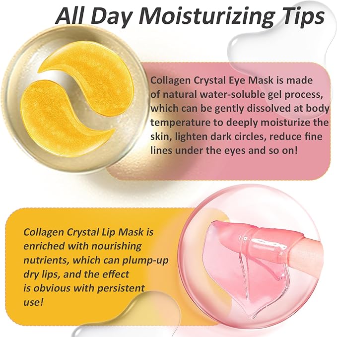 32 Pairs Eye Masks & Lip Masks, 24K Gold Gel Crystal Collagen Eye Patches for Puffy Eyes, MoisturizingLip Mask Pink Lip, Anti-Aging Eye andLip Masks for Reducing Fine Lines & Dark Circles
