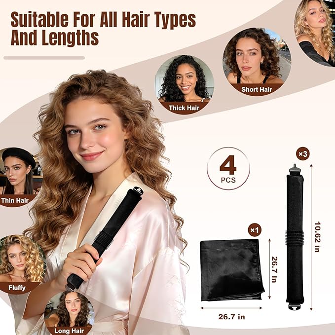TULOBI 3 Pcs Heatless Curls Overnight - Upgraded Velvet Heatless Curls with Velcro Fastener, Overnight Jumbo Blowout Rods, Hair Curlers to Sleep in for Fine/Thick/Long Hair (Brown)