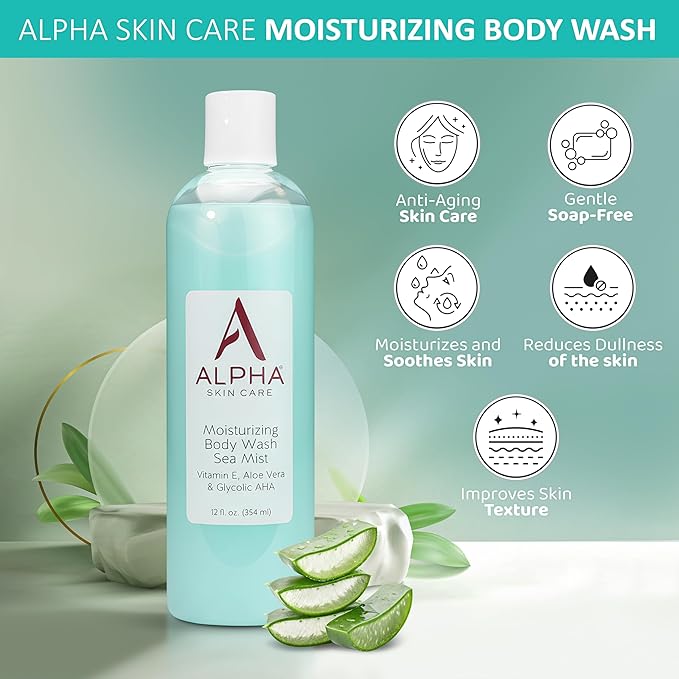 Alpha Skin Care Moisturizing Body Wash, Gentle Soap-Free Anti-Aging Formula, Glycolic AHA, Vitamin E & Aloe Vera, Conditions & Soothes, All Skin Types Hydroxy Acid, 12 Oz