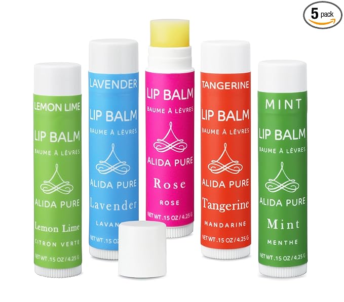 Aria Lip Balm Collection, Vegan Set, Beeswax Free, with Organic Jojoba and Avocado Oil, Vitamin E, Natural Moisturizer for Dry, Chapped Lips, 5 Tube Set