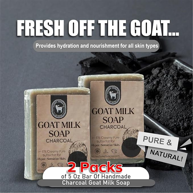 Honey Sweetie Acres 2-Pack Charcoal Goat Milk Soap - Handmade 5 oz Bar, Made with Natural Ingredients, Moisturizing & Gentle, Made in the USA