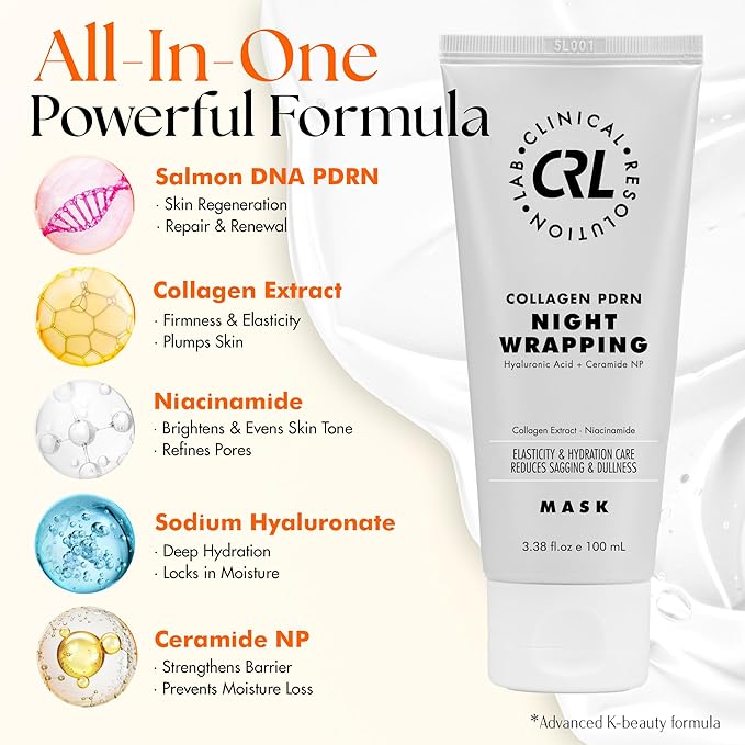 Clinical Resolution PDRN Collagen Night Wrapping Mask, All-In-One Nourish, Revitalize, Radiance for Youthful Glowing Skin Overnight Peel Off Face Mask Korean Skin Care Lab, 100ml 3 Pack