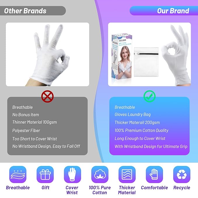 6 Pairs 100% Moisturizing Gloves for Dry Hands Overnight, Selizo 10 Pairs White Cotton Gloves for Women Eczema, Hand Moisturizer Sleeping Spa Gloves for Dry Hands Eczema