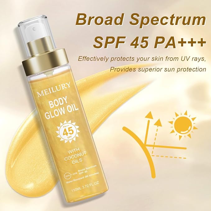 Body Glow Oil, SPF 45 Broad Spectrum, Sunscreen Body Oil with Rose Gold Mica, Moisturizing Coconut, Glow Moisturizer, Lightweight, Water Resistant, 3.72 fl oz(#1 GOLD)