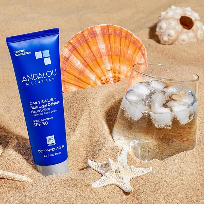 Andalou Naturals Deep Hydration Face Sunscreen - Daily Shade + Blue Light Defense SPF 30 with Zinc Oxide - Lightweight, Non-Greasy, Non-comedogenic, Fragrance-Free - 2.7 fl oz