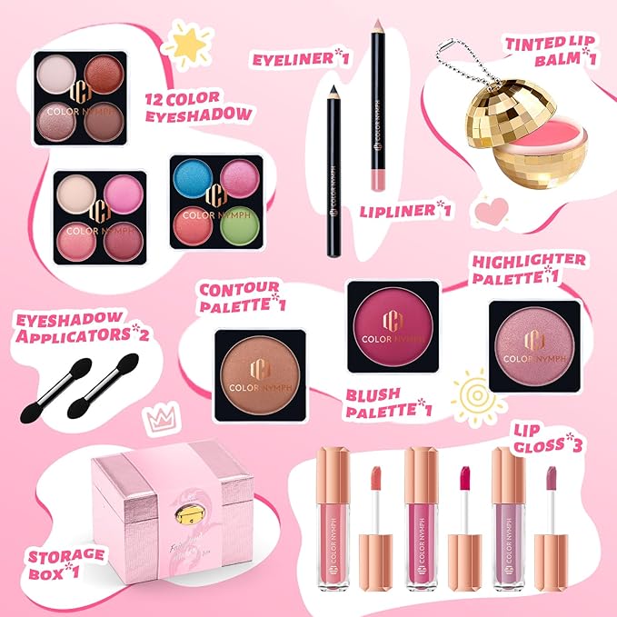 Color Nymph Girls Makeup Kit For Teens Girls | All In One Makeup Set with Lockable Storage Box, Built-in Mirror, Eyeshadow, Blush, Contour, Highlighter, Lipgloss, Lipliner, Eyeliner, Lip Balm