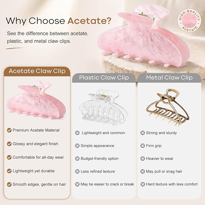 Aileam Acetate Hair Claw Clips for Women,Pink White hair clip French Design Strong Hold Non-Slip claw clips for Thick Hair, 2 Pack