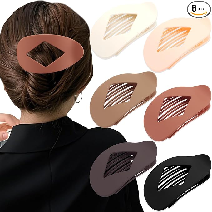 Atoden Large Flat Round Hair Clips Oval Claw Clips for Thick Medium Thin Hair 6Pcs Non Slip Strong Hold Barrettes Duckbill Accessories for Women Girls Matte Solid Neutral Color