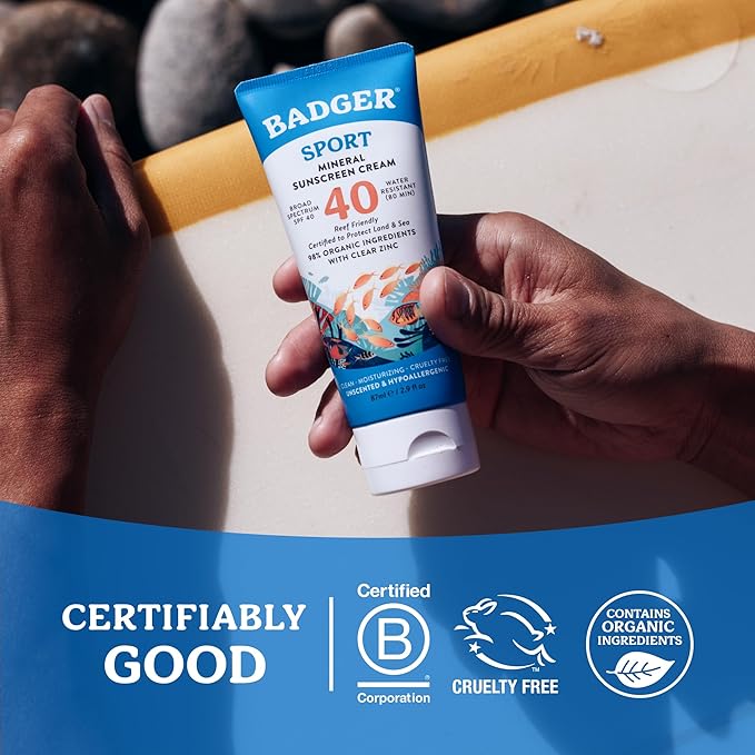 Badger Sport Mineral Sunscreen, Reef Safe, SPF 40, 98% Organic with Zinc Oxide, Water Resistant, Hawaii Reef Act 104 Compliant, Unscented & Hypoallergenic, For Sports & Adventures, 2.9 fl oz
