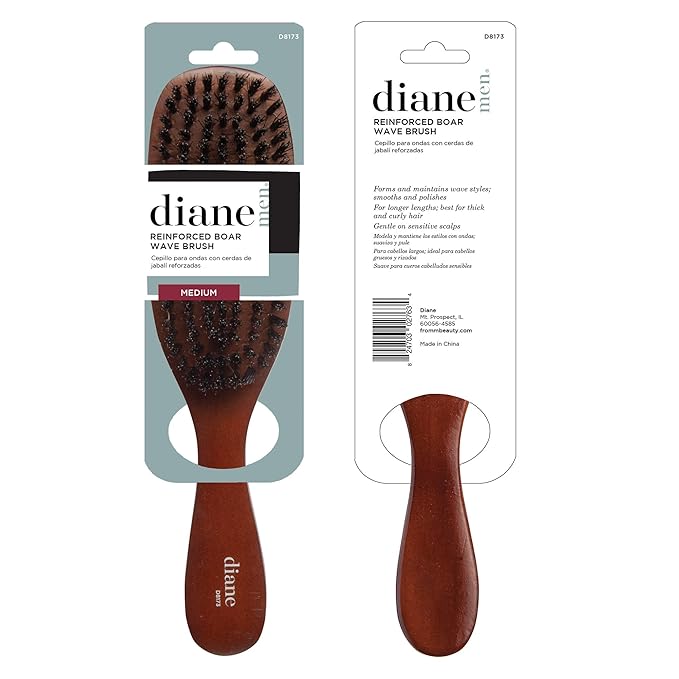 Diane Reinforced Boar Bristle Wave Brush for Men and Barbers – Medium Bristles for Thick and Curly Hair – Use for Detangling, Smoothing, Wave Styles, Restore Shine and Texture