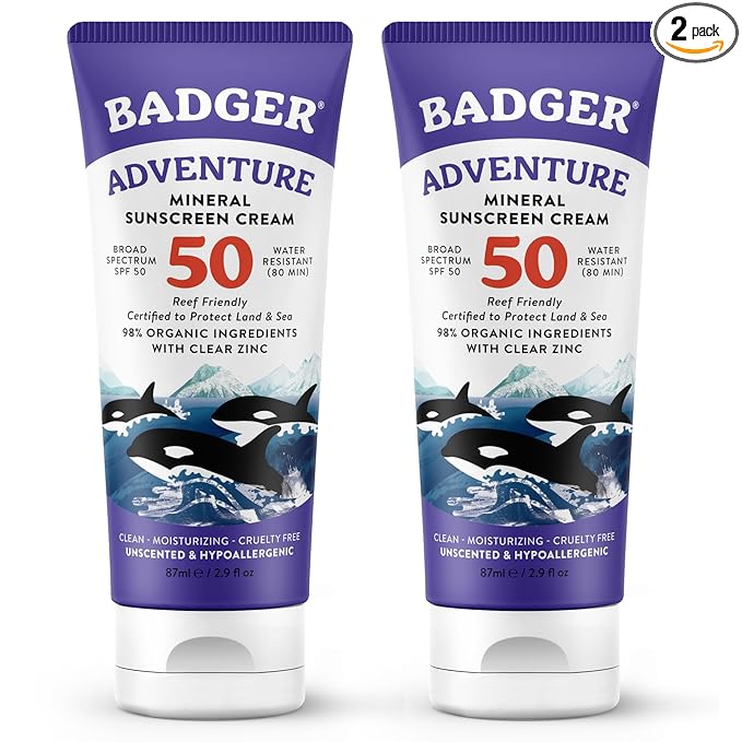 Badger Reef Safe Mineral Sunscreen, SPF 50, 98% Organic with Zinc Oxide, Non Toxic, Water Resistant, Unscented & Hypoallergenic, Broad - Spectrum, For Adventure & Sport, 2.9 fl oz (2 Pack)