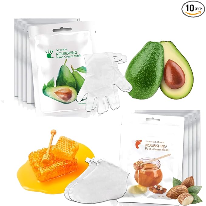 Elitzia Foot Mask Hand Mask Avocado Honey Almond Extract Hydrating 10 Packs Gloves Socks Masks Moisturizing Repairing Nourishing Masks Spa Women Dry Cracked Skin Self Care ETMM03