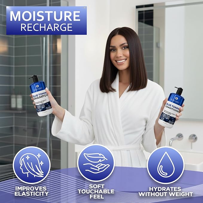 Blue Shampoo and Conditioner Set - Sulfate Free and Paraben Free - Neutralizing Toner to Correct Orange, Brassy Hair Back to Brunette - Professional Formula - For Women and Men - 16 Fl Oz (Set of 2)