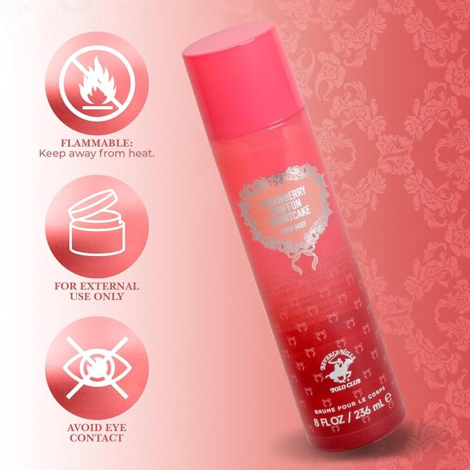 Beverly Hills Polo Club Strawberry Chiffon Shortcake Body Mist for Women – Irresistible Gourmand Fruity Fragrance – Long-Lasting All-Day Scent – French Crafted 236ml / 8 FL OZ