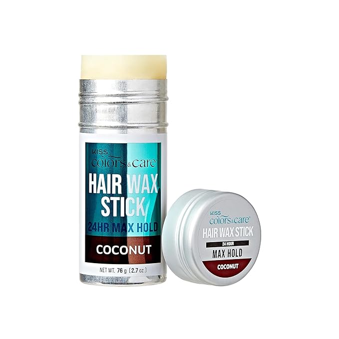 KISS COLORS & CARE 24 Hour Maximum Hold Edge Fixer Hair Wax Styling Stick, Non-Oily, Flake-Free, Biotin B7, Castor Oil, & Shea Butter Infused, Net Wt, 76g (2.7 oz.) - Coconut Scent